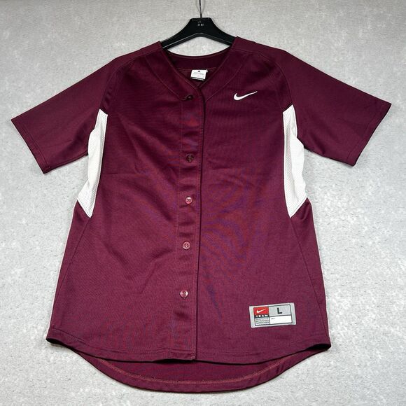 Nike Jersey Mens Large Maroon White Short Sleeve Baseball Button Up Logo Jersey - Picture 1 of 12